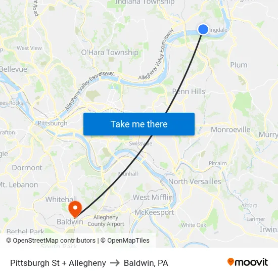 Pittsburgh St + Allegheny to Baldwin, PA map
