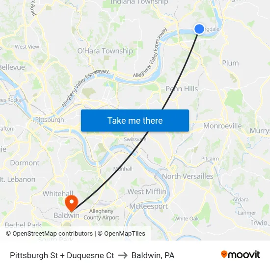 Pittsburgh St + Duquesne Ct to Baldwin, PA map