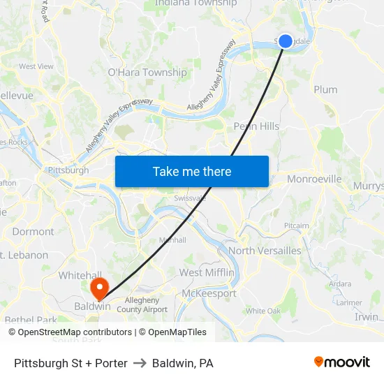 Pittsburgh St + Porter to Baldwin, PA map