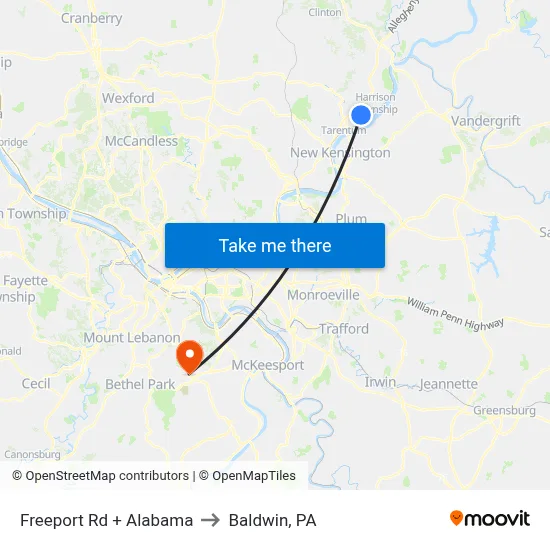 Freeport Rd + Alabama to Baldwin, PA map