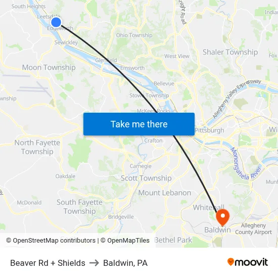 Beaver Rd + Shields to Baldwin, PA map