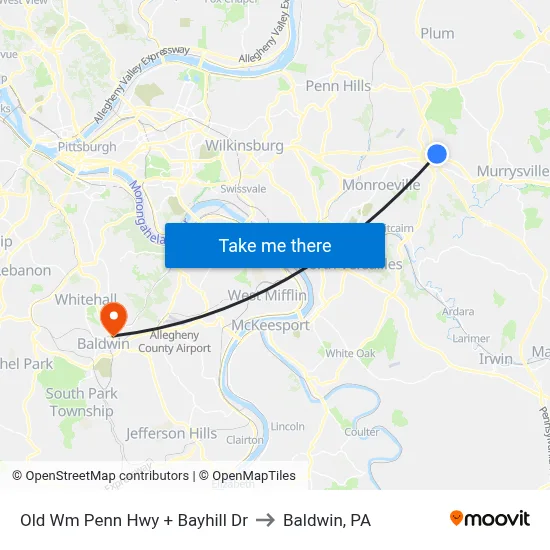 Old Wm Penn Hwy + Bayhill Dr to Baldwin, PA map