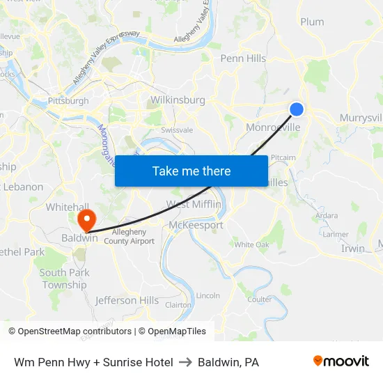 Wm Penn Hwy + Sunrise Hotel to Baldwin, PA map
