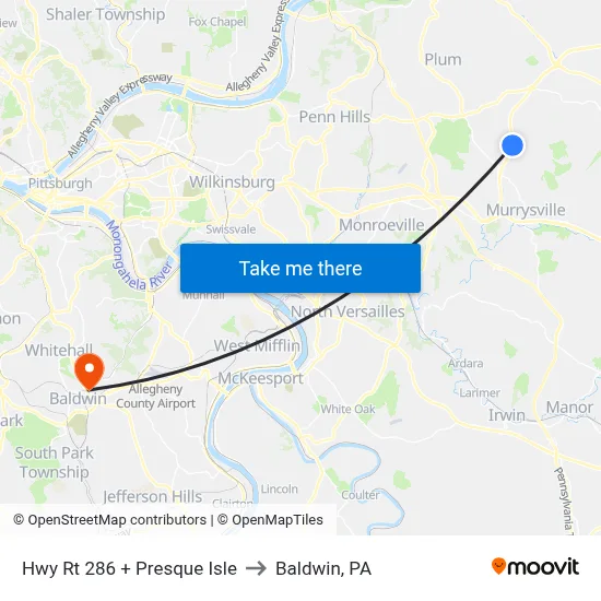 Hwy Rt 286 + Presque Isle to Baldwin, PA map