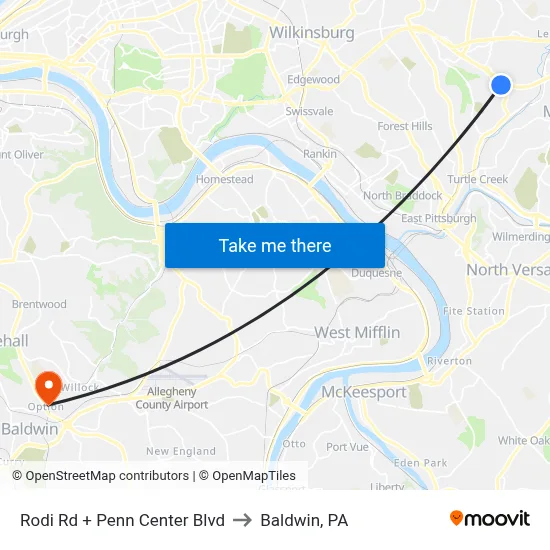 Rodi Rd + Penn Center Blvd to Baldwin, PA map