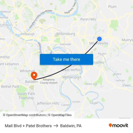 Mall Blvd + Patel Brothers to Baldwin, PA map