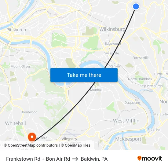 Frankstown Rd + Bon Air Rd to Baldwin, PA map