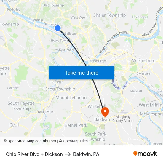 Ohio River Blvd + Dickson to Baldwin, PA map