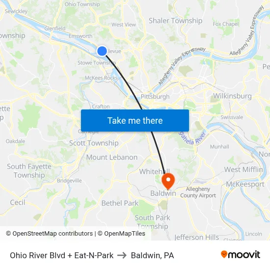 Ohio River Blvd + Eat-N-Park to Baldwin, PA map