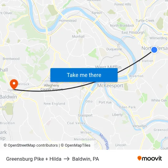 Greensburg Pike + Hilda to Baldwin, PA map