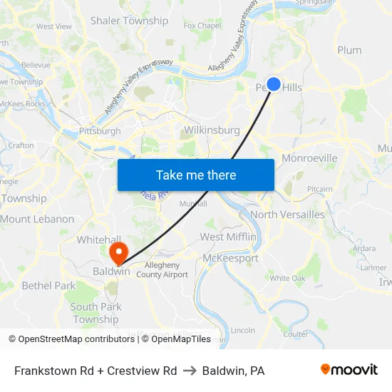 Frankstown Rd + Crestview Rd to Baldwin, PA map