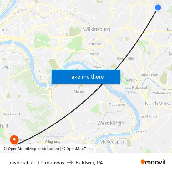 Universal Rd + Greenway to Baldwin, PA map
