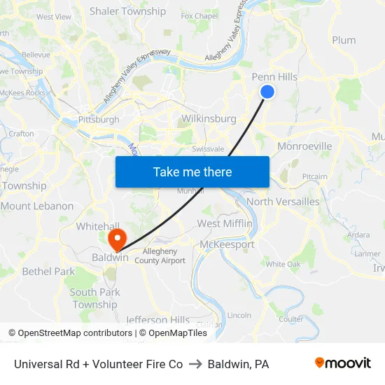 Universal Rd + Volunteer Fire Co to Baldwin, PA map