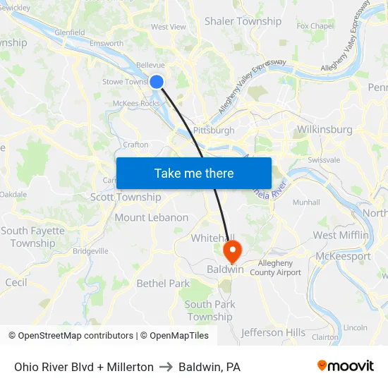 Ohio River Blvd + Millerton to Baldwin, PA map