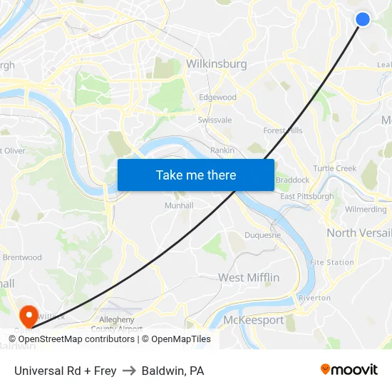 Universal Rd + Frey to Baldwin, PA map