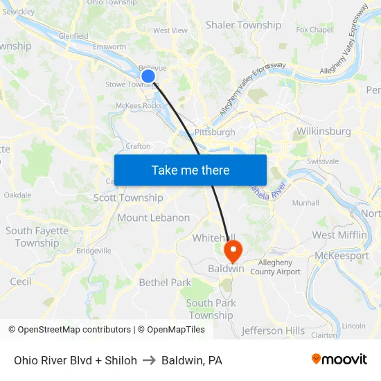 Ohio River Blvd + Shiloh to Baldwin, PA map