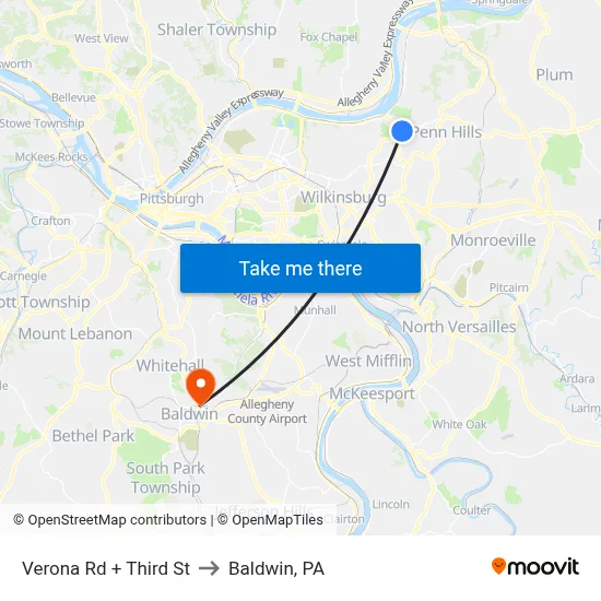 Verona Rd + Third St to Baldwin, PA map
