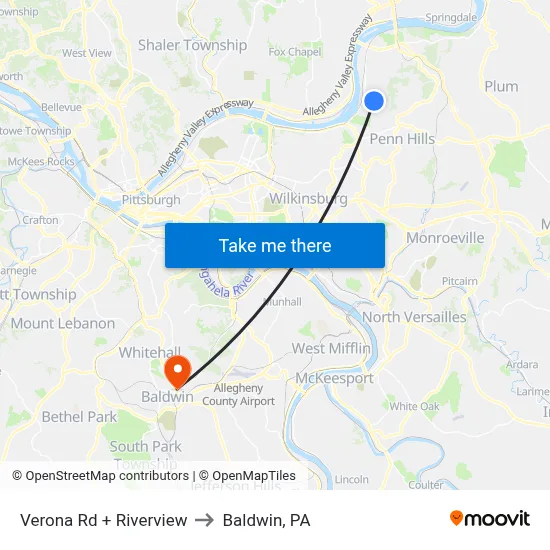 Verona Rd + Riverview to Baldwin, PA map
