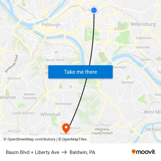 Baum Blvd + Liberty Ave to Baldwin, PA map