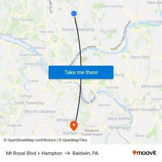 Mt Royal Blvd + Hampton to Baldwin, PA map
