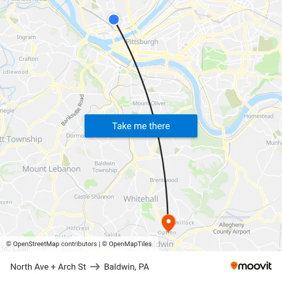 North Ave + Arch St to Baldwin, PA map