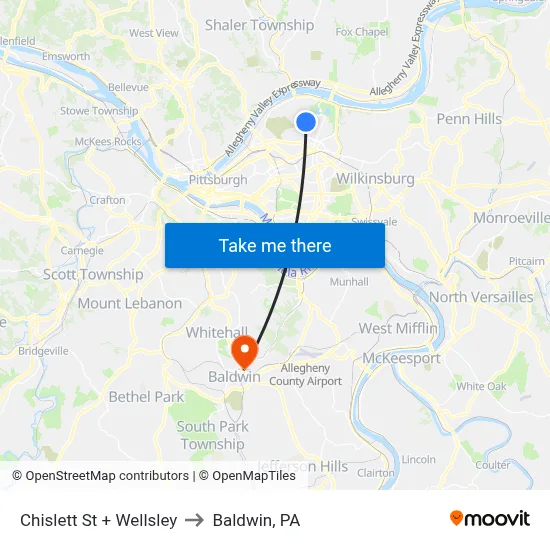 Chislett St + Wellsley to Baldwin, PA map