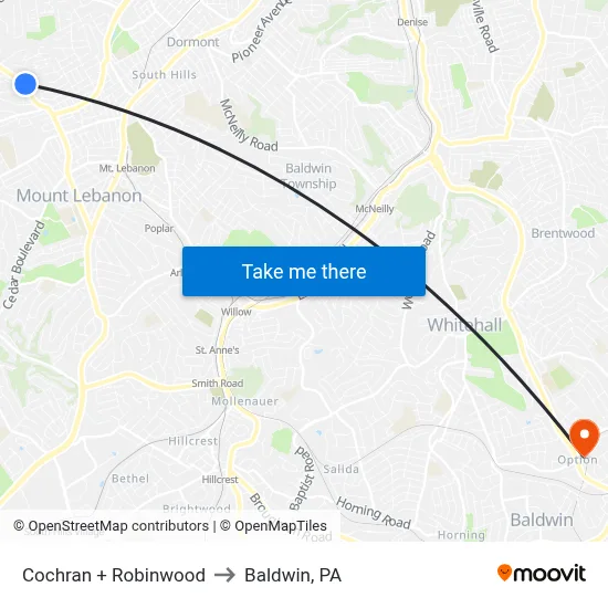 Cochran + Robinwood to Baldwin, PA map