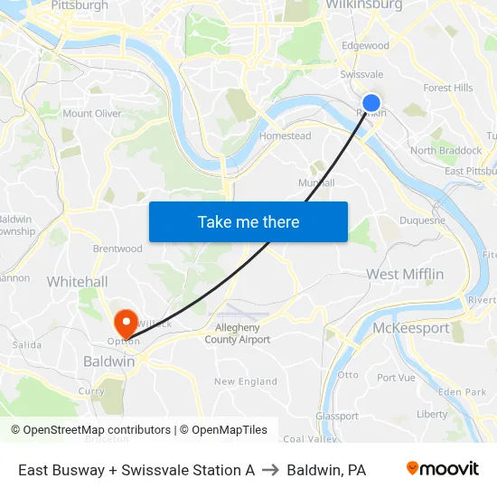 East Busway + Swissvale Station A to Baldwin, PA map