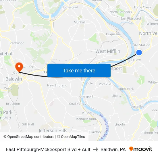 East Pittsburgh-Mckeesport Blvd + Ault to Baldwin, PA map