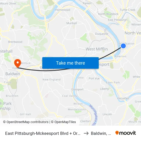 East Pittsburgh-Mckeesport Blvd + Orris to Baldwin, PA map