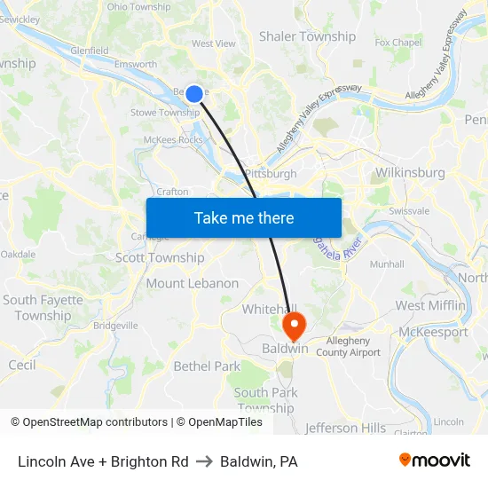 Lincoln Ave + Brighton Rd to Baldwin, PA map