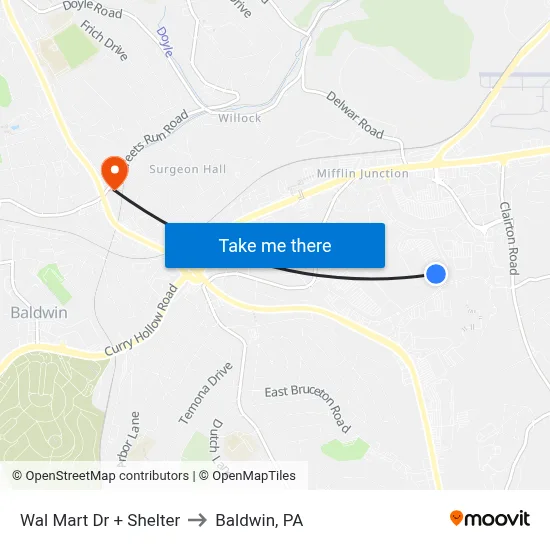 Wal Mart Dr + Shelter to Baldwin, PA map