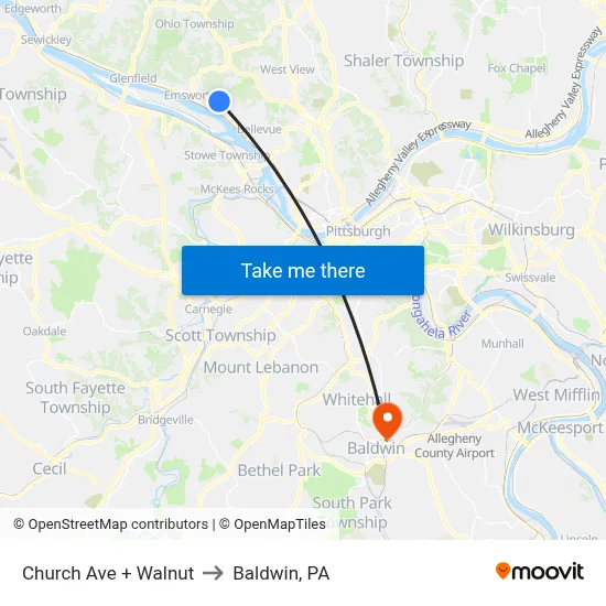 Church Ave + Walnut to Baldwin, PA map