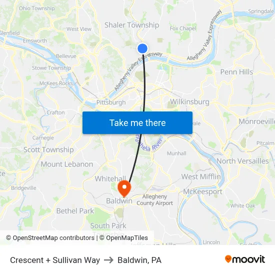 Crescent + Sullivan Way to Baldwin, PA map