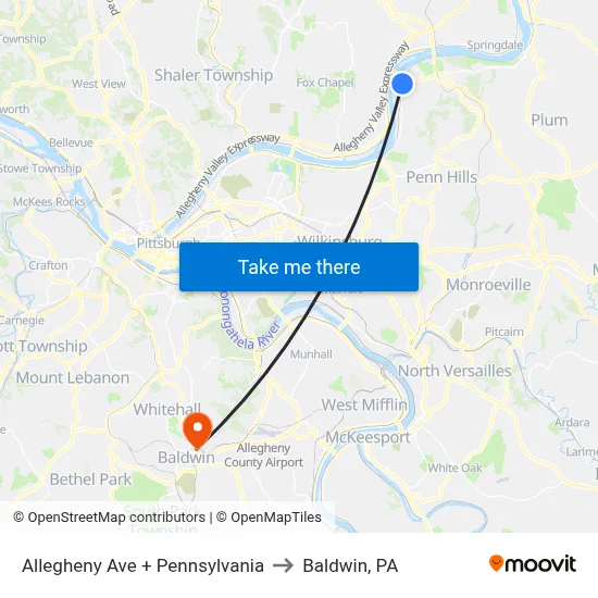 Allegheny Ave + Pennsylvania to Baldwin, PA map