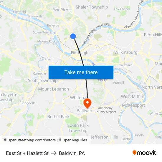 East St + Hazlett St to Baldwin, PA map