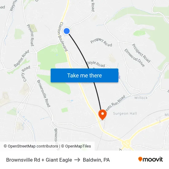 Brownsville Rd + Giant Eagle to Baldwin, PA map