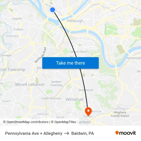 Pennsylvania Ave + Allegheny to Baldwin, PA map