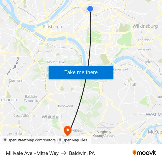 Millvale Ave.+Mitre Way to Baldwin, PA map