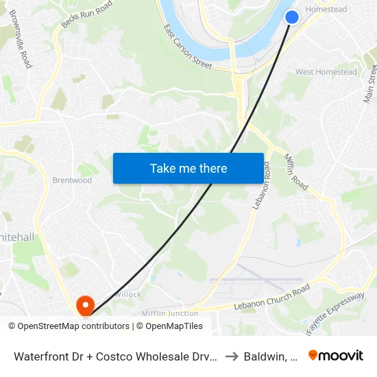 Waterfront Dr + Costco Wholesale Drvwy to Baldwin, PA map