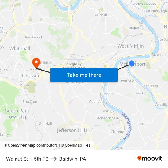 Walnut St + 5th FS to Baldwin, PA map