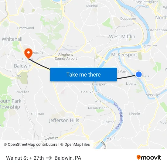 Walnut St + 27th to Baldwin, PA map