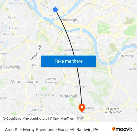 Arch St + Mercy Providence Hosp to Baldwin, PA map
