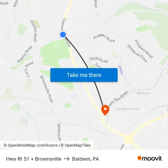 Hwy Rt 51 + Brownsville to Baldwin, PA map
