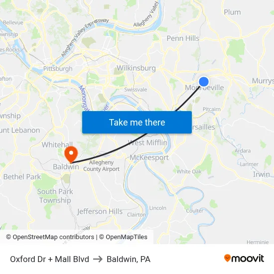 Oxford Dr + Mall Blvd to Baldwin, PA map