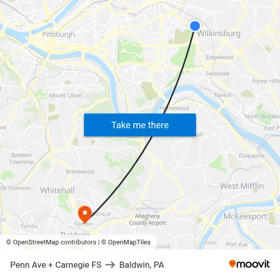 Penn Ave + Carnegie FS to Baldwin, PA map