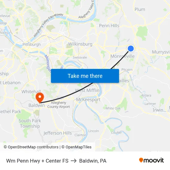 Wm Penn Hwy + Center FS to Baldwin, PA map