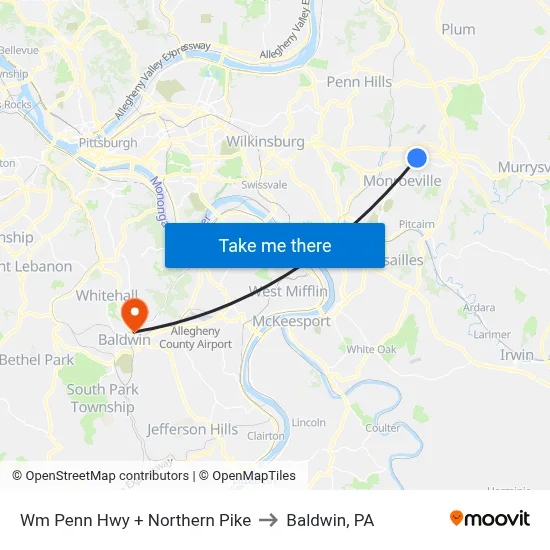 Wm Penn Hwy + Northern Pike to Baldwin, PA map