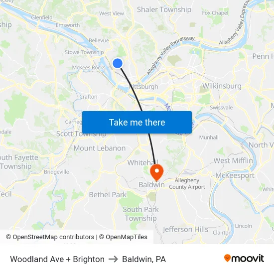 Woodland Ave + Brighton to Baldwin, PA map