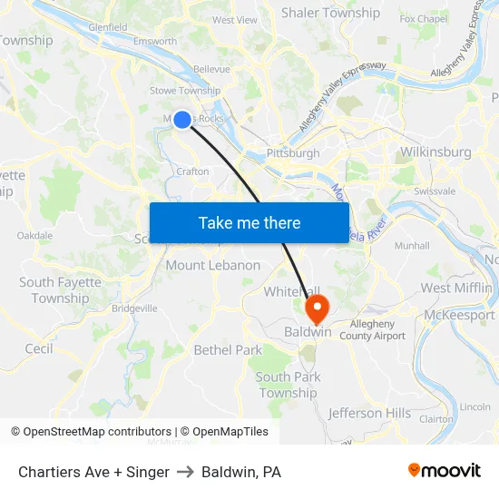 Chartiers Ave + Singer to Baldwin, PA map